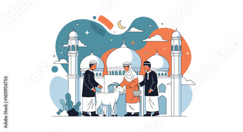 Islamic celebration of eid al adha with goat sacrifice and mosque in background festive gathering of men greeting each other