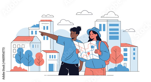 Two young people with a map looking for directions in a european city center while exploring attractions