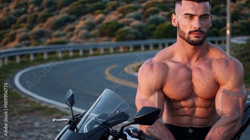 Muscular man sitting shirtless on motorcycle at sunset on winding road