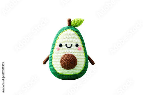 Cute Crochet Avocado Plush Toy with Smiling Face and Leaf on Transparent Background