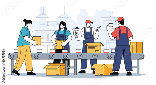 Warehouse workers efficiently sorting and packing boxes on a conveyor belt in a modern distribution center with a focus on logistics and order fulfillment operations