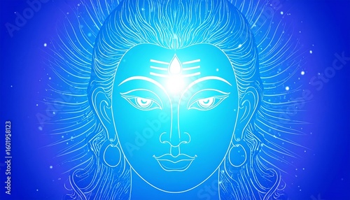 Close-up of Lord Shiva's stylized face with glowing third eye, conveying divine wisdom and spiritual insight.