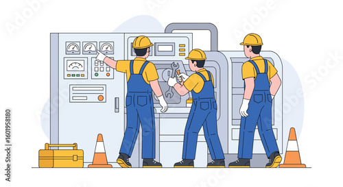 Skilled technicians collaborating effectively to maintain complex industrial machinery in a modern facility