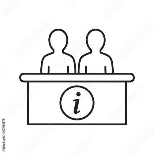 Reception help desk for information service and customer support with an administrator providing assistance and guidance at a front counter