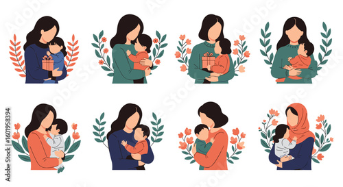 Beautiful illustrations depicting mothers embracing their children with love and tenderness surrounded by floral accents