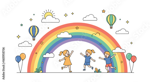 Joyful children dancing under a vibrant rainbow on a sunny day surrounded by balloons and clouds illustration