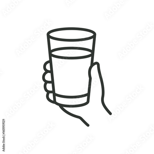 A line art icon of a hand holding a glass of water, representing hydration and basic self-care.