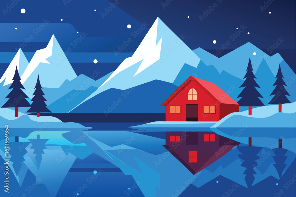 Fototapeta premium Campfire on Lakeside Deck in Mountain Forest Vector