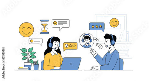 Customer service agents interacting with clients providing excellent support through communication technology and positive feedback indicators