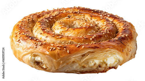 Cheese burek spiral pastry with sesame seeds isolated

