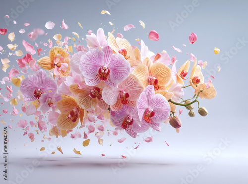 Flower petals and full orchid blossoms floating gently in midair against a solid white background with soft natural lighting and a sense of delicate movement captured visually