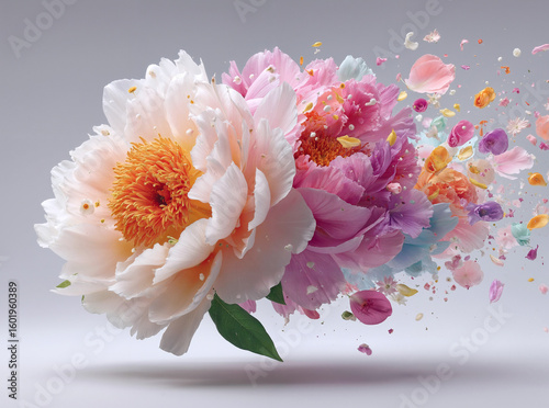 Flower bouquet floating in the air with soft pastel petals and colorful blossoms gently dispersing against a clean solid white background with delicate natural lighting effects.