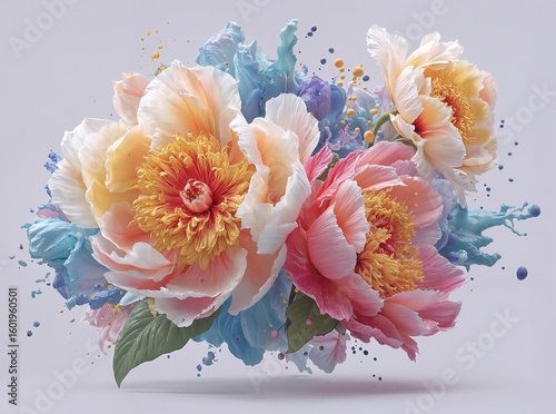 Flower floating in the air with soft pastel colors and intricate petals arranged against a solid white background with splashes of light blue and purple paint surrounding it delicately.