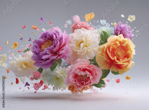 Floating colorful peony flowers with petals dispersed in midair against a neutral solid white background creating a delicate and artistic floral arrangement in motion