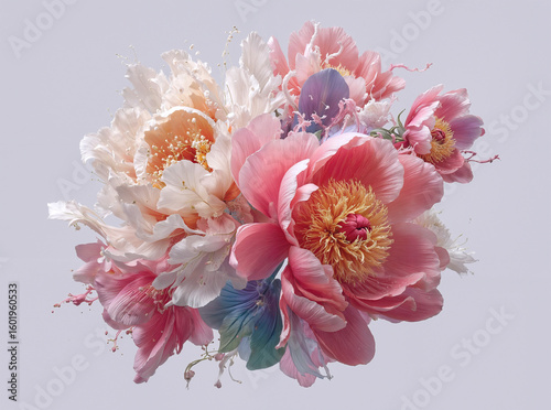 Flower bouquet with soft pink and white petals floating gently in the air against a solid white background with delicate details and natural composition for artistic design