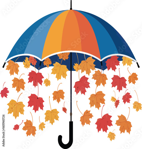 An umbrella with blue and orange panels and falling autumn leaves on a white patterned background