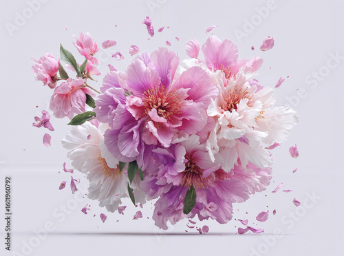 Flower floating in the air with delicate pink and white petals softly swirling around in front of a solid white background, creating a light and airy floral composition.