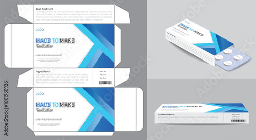 Editable medicine box packaging template designed in vector format Ideal for tablets capsules or supplements Includes organized layers print ready and suitable for die-cut production.