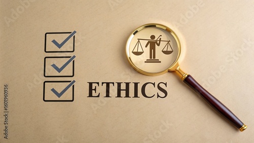 Ethics and compliance checklist concept with magnifying glass and scales of justice symbol image