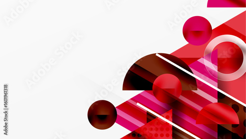 Abstract design features red shapes, circles, lines. Modern composition creates dynamic visual impact. Clean background offers space.