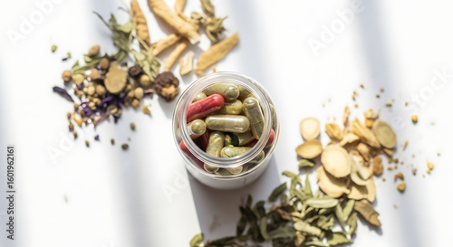 Wallpaper Mural Herbal supplement capsules and dried herbs arranged artistically on a white background, illuminated by sunlight. Torontodigital.ca