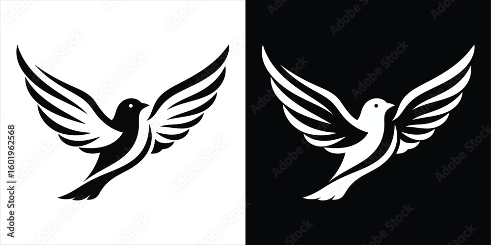 Obraz premium Elegant dove silhouette icon Black and white flying bird logo