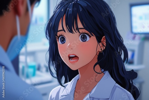 Side view of dentist explaining a dental procedure to a patient in a dental office during a check-up, Generative AI