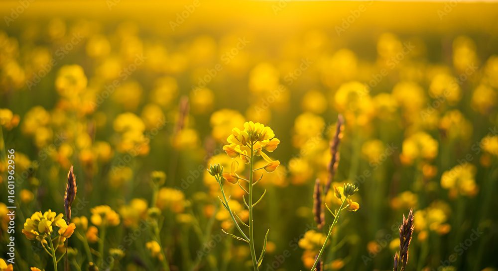 Fototapeta premium Golden field of blooming yellow flowers at sunset with warm glowing sunlight