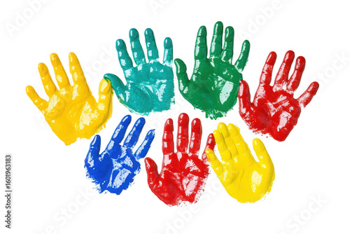 Colorful handprints in red blue green yellow and teal arranged in a circle isolated on transparent background