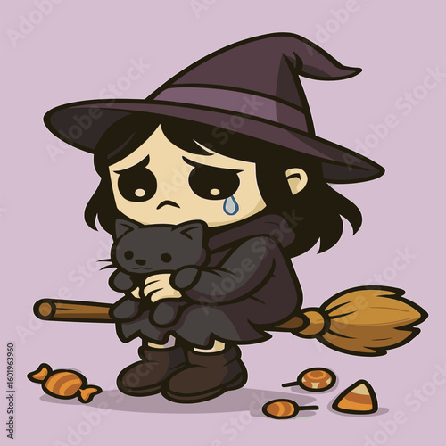Sad little witch hugging a stuffed black cat, sitting on a broom with falling tears and scattered candy, spooky-cute cartoon style.