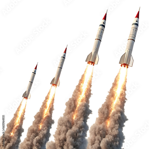Four retro rockets launching with fiery exhaust and smoke isolated on transparent background