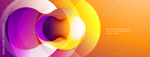 Abstract vibrant layers create flowing shapes. Orange, purple, yellow hues blend smoothly. Modern design element.