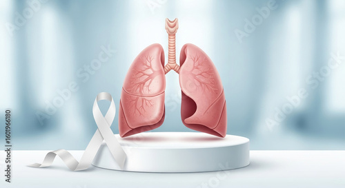 Medical illustration of lungs with a white awareness ribbon on a podium for health concept.