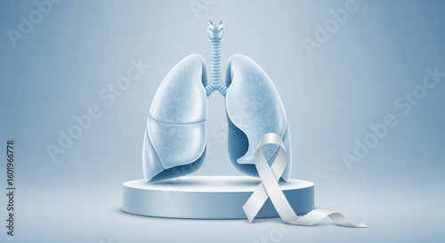 Medical concept for lung cancer awareness with 3D human lungs and white ribbon