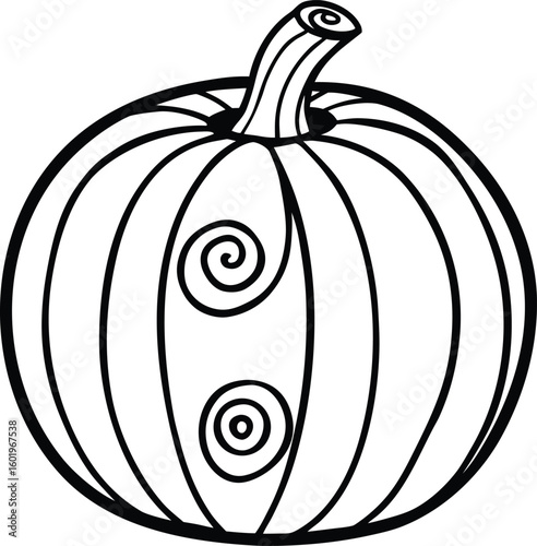 Simple outline drawing of a round pumpkin with spiral designs