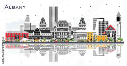 Albany New York City Skyline with Color Buildings and reflections Isolated on White. Illustration. Albany USA Cityscape with Landmarks. Business Travel and Tourism Concept with Modern Architecture.