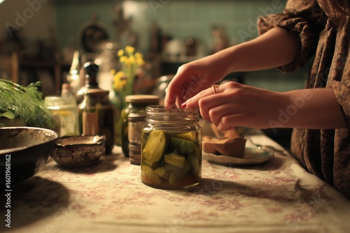 A lady attempts to pry open a jar containing pickled cucumbers.
