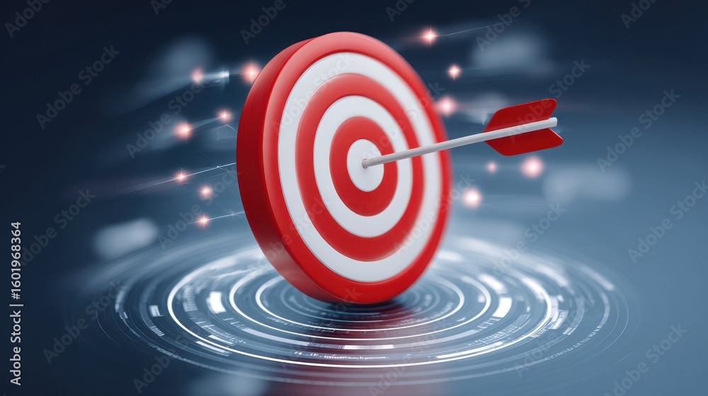 A red and white target with an arrow hitting the bullseye, surrounded by a swirling digital effect, symbolizing focus and achievement. A red and white target with an arrow hitting the bullseye, surrounded by a swirling digital effect, symbolizing focus and achievement.