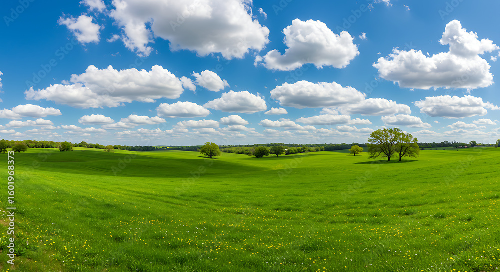 Fototapeta premium Scenic green field landscape under clear blue sky, natural meadow with fresh grass, peaceful countryside view, nature background