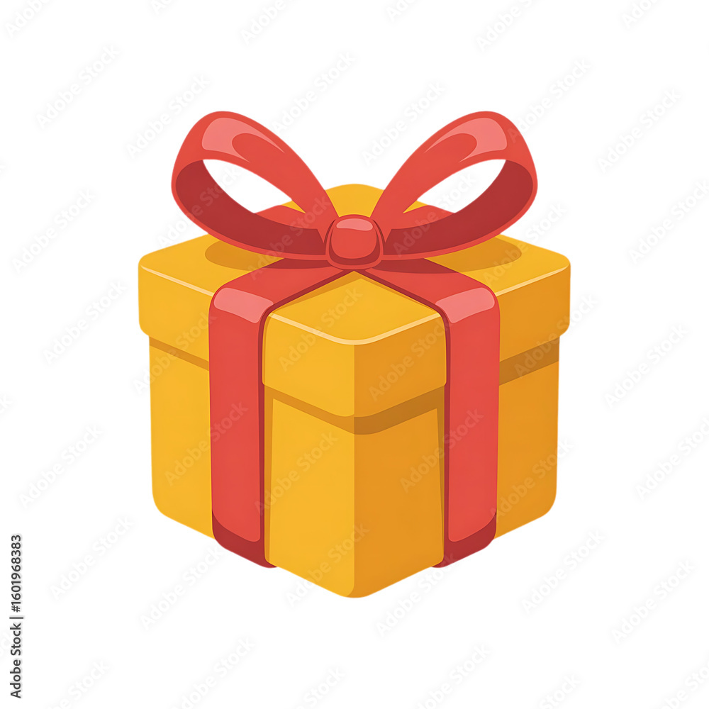 Obraz premium A bright yellow gift box with a red ribbon and bow isolated on transparent background