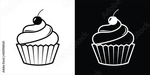 Black and white cupcake with cherry, graphic design elements