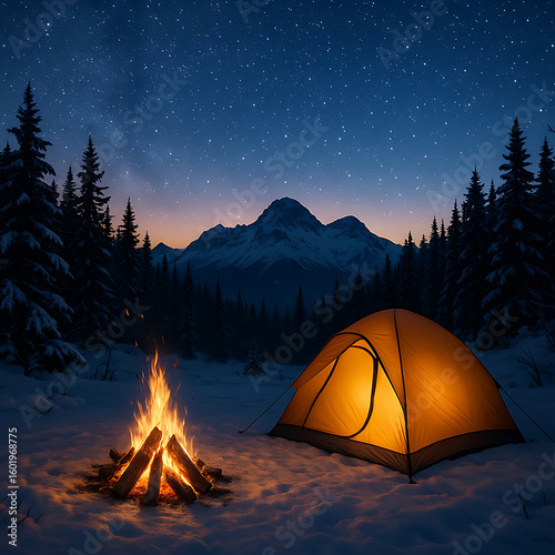 Night camping adventure with a tent in the snowy mountain forest landscape