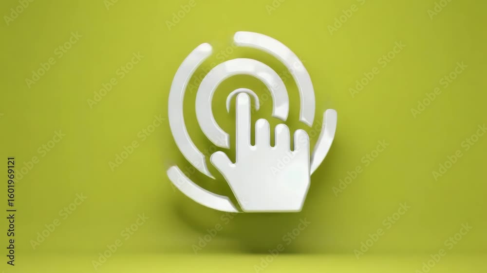 3D icon style hand cursor clicking with a ripple expanding outward, isolated on a green background.