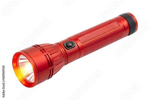 Bright red flashlight with illuminated beam and textured grip illumination