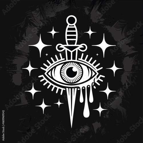 White dagger piercing all seeing eye with dripping effect and stars vector