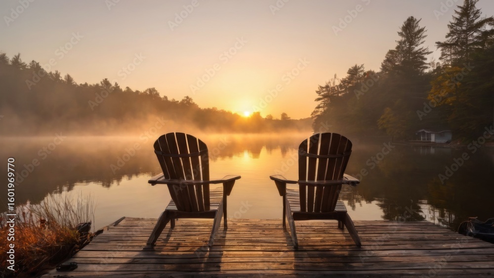 Fototapeta premium Serene Lake Scene: Two Adirondack chairs on wooden dock, calm water reflecting sunset glow, trees surround, cabin in background.