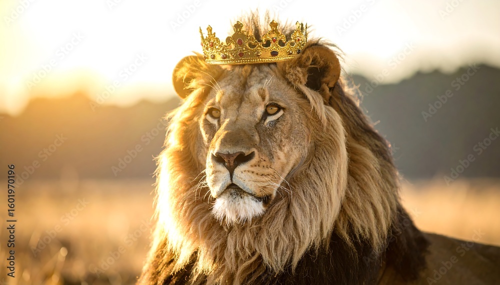 Majestic lion wearing a golden crown in a golden field Majestic lion wearing a golden crown in a golden field