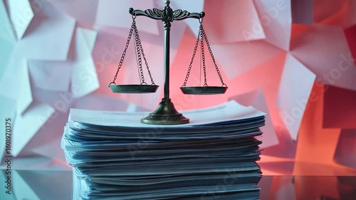 Justice scales atop a stack of documents