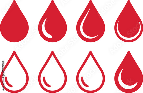 Eight red blood drop icons in a row represent donation and health.