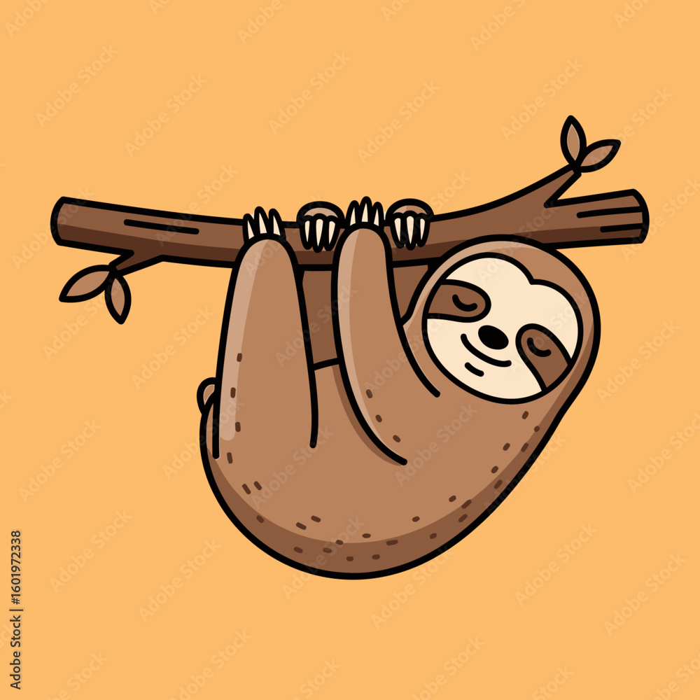 Naklejka premium Cartoon Sloth Hanging Upside Down from a Branch with Closed Eyes